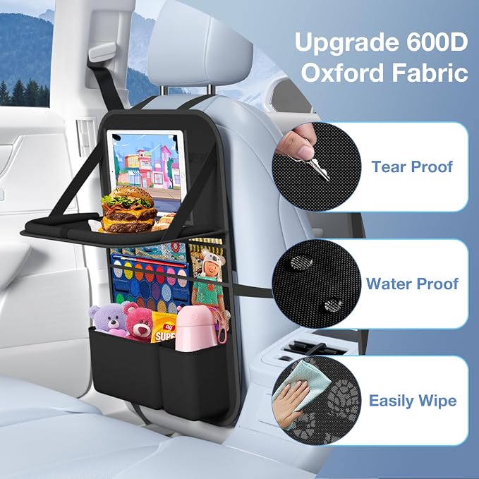 Car Backseat Organizer with Table Tray(2-Pack) 9 Storage Pockets Backseat Car Organizer and storage with Tablet Holder, Kick Mats Back Seat Cover for Kids family Road Trip Essentials Travel | 600d Oxford Fabric, Waterproof & Easy-Clean, Foldable Tray S... - Image 3