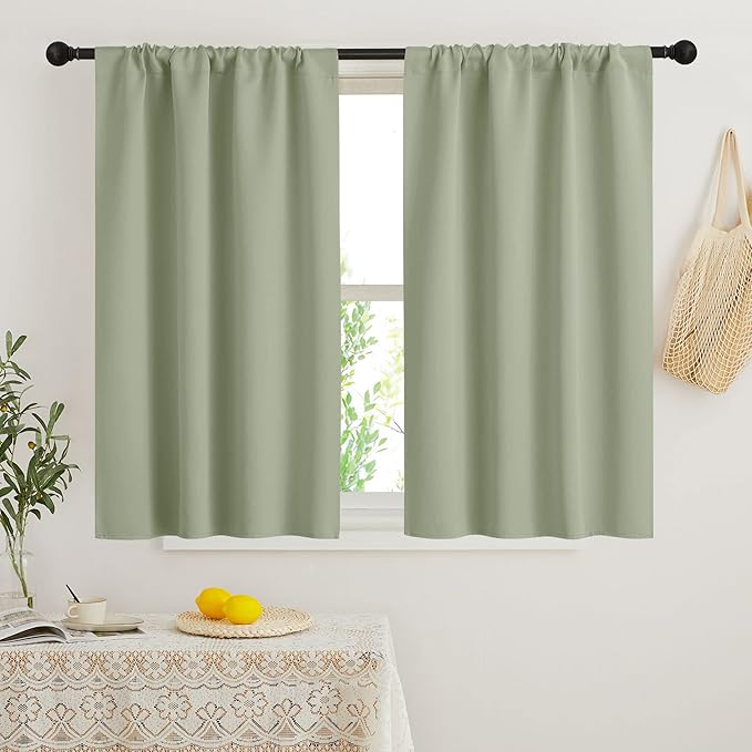 RYB HOME Short Blackout Curtains for Bedroom, Room Darkening Insulated | Rod Pocket, Summer Heat Light UV Blocking, Energy Saving, Drapes for Nursery, W34 x L48, Sage Green, 2 Panels by RYBHOME