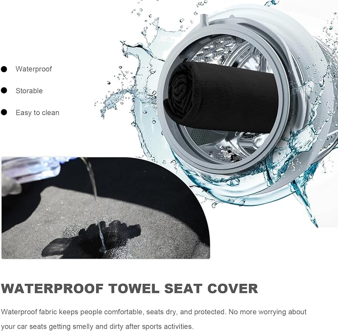 Car Towel Seat Cover, Waterproof Non-Slip Bucket Seat Protector for Running Swimming Hiking, Universal Machine Washable Front Seats Towel Protective Cover for Car SUV Truck (Black) - Image 5