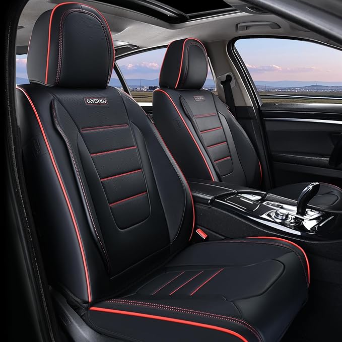Coverado Seat Covers, Car Seat Covers Front Seats, Car Seat Cover, Car Seat Protector Waterproof, Car Seat Cushion Nappa Leather, Seat Covers for Cars Carseat Cover Universal Fit for Most Cars-Redline by COVERADOAUTO