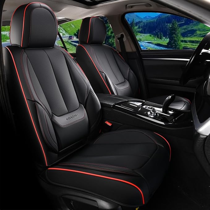 Coverado Seat Covers, Car Seat Covers Front Seats, Car Seat Cover, Car Seat Protector Waterproof, Car Seat Cushion Nappa Leather, BlackRed Seat Covers Carseat Cover Universal Fit for Most Cars - Image 2
