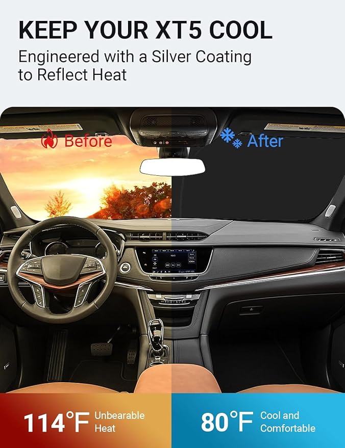 Proadsy Custom Fit 2017-2026 Cadillac XT5 Windshield Sun Shade, Blocks Heat | 240T Heat Shield, Drops Temp 54°F, Blocks 99% UV, Prevents Dashboard Cracking, Summer Parking & Beach Trips, Easy Twist-Fold - Image 2