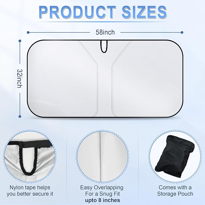 SINGARO 300T Universal Car Windshield Sun Shade, Foldable Reflective for Windshield & Window Shades with Overlapping Design, Car Interior Accessories (58" L x 32" W) - Image 2