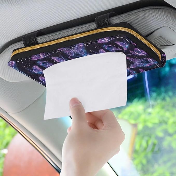 Biyejit 2 Pack Car Tissue Holder, Purple Butterfly Car Decorative Hanging Napkin Case, PU Leather Tissue Box for Car Sun Visor, Backseat - Image 3