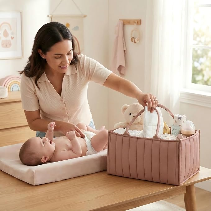 Baby Diaper Caddy Organizer-Large Nursery Storage Basket for Changing Table and Car - Portable Newborn Essentials & Wipes Bin - Gift for Baby Shower and Registry Must-Have (Rouge Pink) - Image 4