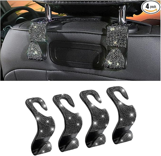 Moly Magnolia Bling Car Seat Headrest Hooks, 4PCS Handcrafted Rhinestones Seat Hanger Organizer for Handbag Purse Scarf, Universal for Cars, Auto Interior Accessories for Women Men (Black) by Moly+Magnolia