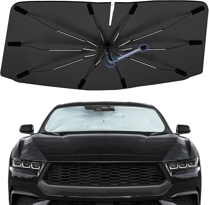Windshield Sun Shade Umbrella for Ford Mustang 2024-2026 Front Window | Foldable Car Sunshade, 360 Rotation Automotive Interior UV Protection for Outdoor Parking, Keep Car Cool by Bocvam
