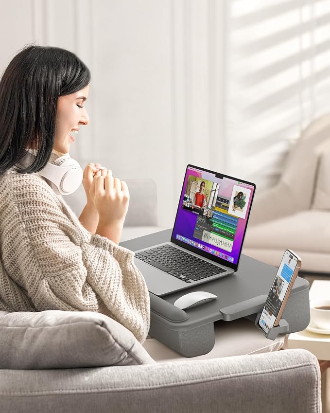 SAIJI Lap Desk with Cushion, Computer Laptop Stand, Lap Laptop Table | Built-in Drawer Storage, Phone Holder, Wrist Pad, Fits Up to 17" Laptops,Leather Surface, Lap Stand for Bed & Couch - Image 6