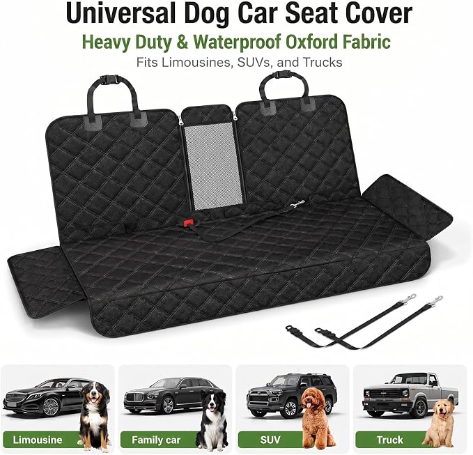 Ekisemio Dog Car Seat Cover for Back Seat, Waterproof 600D Oxford Pet Seat Protector for Cars SUVs Trucks, Heavy Duty Non-Slip Rear Bench Cover, Machine Washable Scratchproof - Black - Image 6