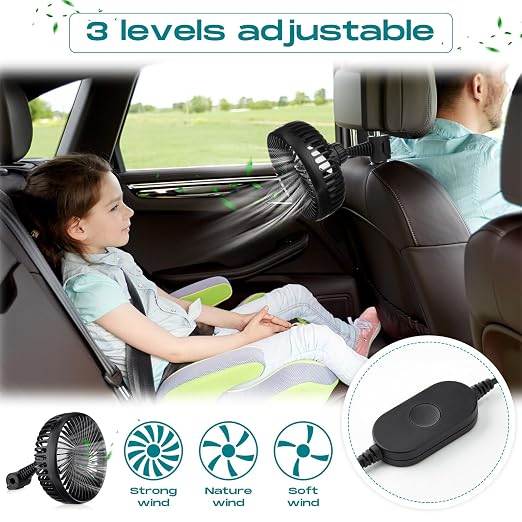 Glooglitter 2 Pcs Car Fan USB for Rear Seat Passenger Portable Headrest 360 Degree Rotatable 3 Speed 12v/ 24v Automobile Ventilation Fan with Clip for SUV Backseat, RV, Vehicles(Classic,Black) - Image 6