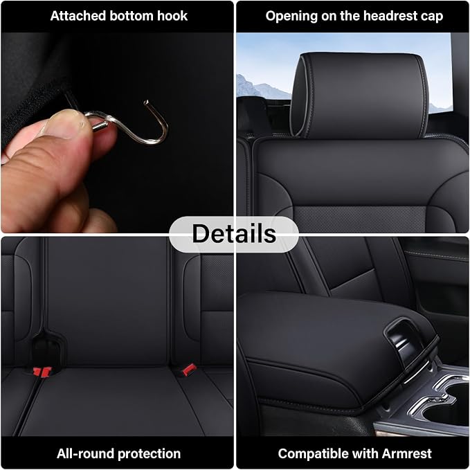 Coverado Chevy Silverado Seat Covers Full Set, Faux Leather Car Seat Covers Fit for 2014-2018 1500, 2015-2019 2500HD 3500HD Chevy Silverado GMC Sierra Crew Double Extended Cab (Black) - Image 5