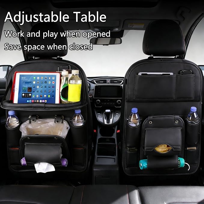 Universal Premium Leather Foldable Car Backseat Organizer with Table Tray, Car Seat Back Protector with Garbage Bag Touch Screen Pad Holder, Car Kick Mats with Tissue Box (Black) - Image 2