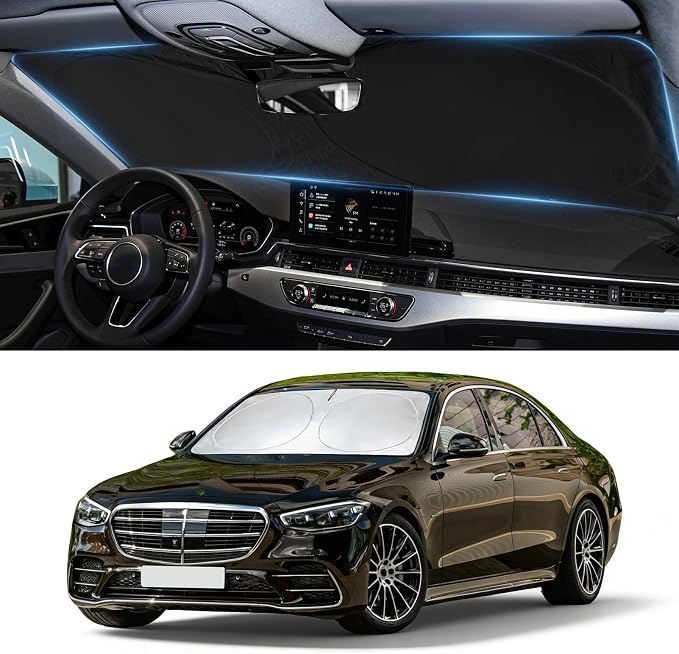 Windshield Sun Shade for 2015-2021 Mercedes Benz C Class W205 C250 C300 | Custom Fit C400 Accessories Sunshade Foldable Sun Visor Protector Blocks UV Rays by BOODANCARS