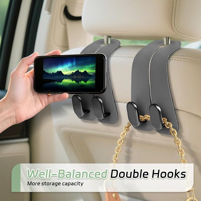Car Seat Headrest Hooks, 4PCS Universal Car Purse Hook Leather Car Bag Hook | Gray Car Bag Purse Holder with Double Metal Hooks for Handbags, Grocery Bags, Bottles, Phones - Image 4