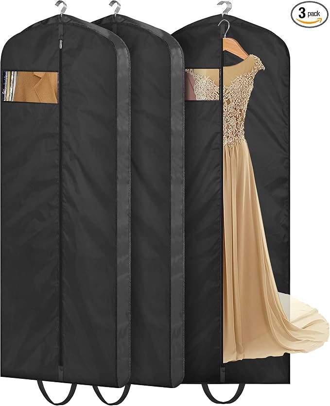 MISSLO 65" Long Garment Bags for Travel Dress Bags for Hanging Clothes Waterproof Wedding Dress Cover Traveling Clothing Protectors for Closet Storage 3-Pack for Gowns, Tuxedos, Coats, Black by MISSLO