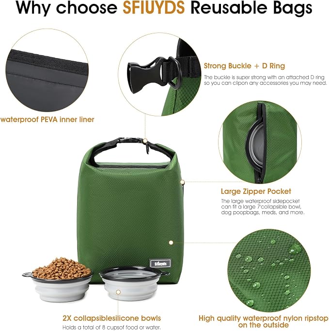 Dog Food Travel Bag with 2PCS Collapsible Dog Travel Bowls Air Tight Dog Food Storage Container(Green, Small) - Image 4