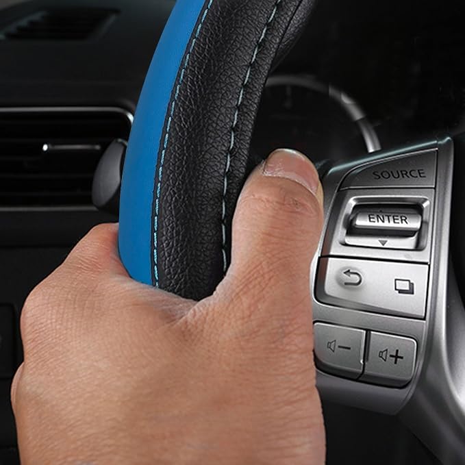 Leather Car Steering Wheel Cover, Universal Fit for Most Cars, Blue-2 | Microfiber Leather,Non-Slip Breathable Auto Steering Wheel Protector - Image 5