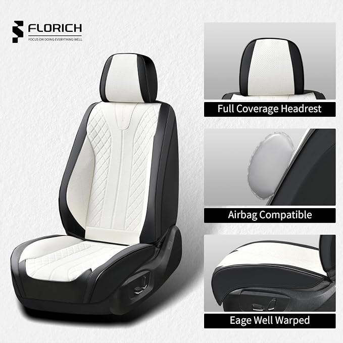 FLORICH Seat Covers Full Set Luxury Faux Leather Front and Rear Car Seat Cover Waterproof Automotive Seat Covers 5 Seats Car Seat Protector Universal Fit for Most Cars SUV Trucks, Black&White - Image 5