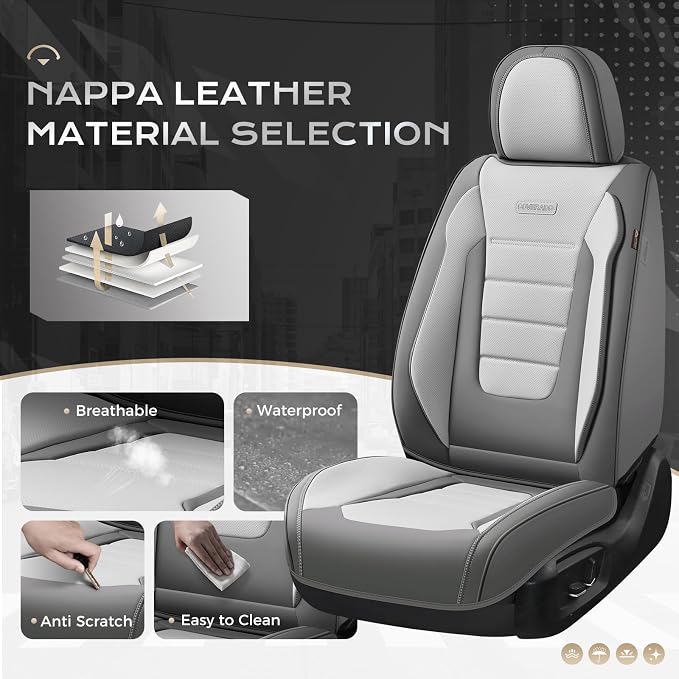 Coverado Car Seat Covers Full Set, Nappa Leather Seat Covers for Cars, Car Seat Protector Car Seat Cushion, Front and Back Seat Protectors Cushions Universal Fit for Most Cars (Gray&Light Gray) - Image 2
