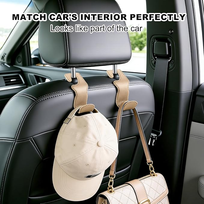 Car Seat Hooks for Purses and Bags, 2 Pack Car Purse Holder for Grocery Bag Handbag Clothes, Metal Headrest Hooks Covered by Leather, Beige - Image 2