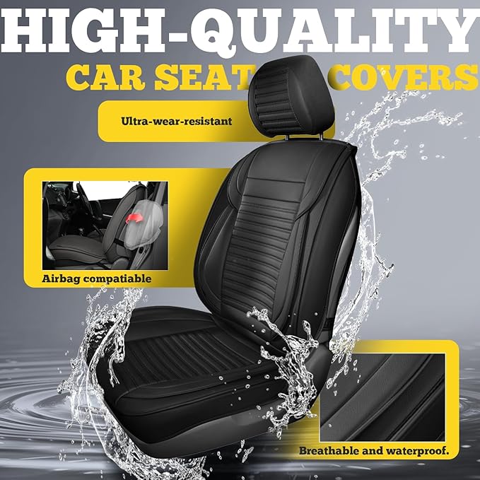 Front Car Seat Covers, Faux Nappa Leather for Sedan SUV, 2 Seats | Waterproof, Breathable and Airbag Compatible, Helps Reduce Slipping, Black - Image 6