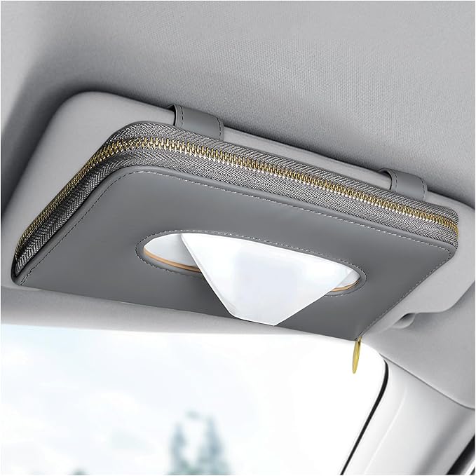 Car Tissue Box, Leather Auto Sun Visor Napkin Case Tissue Case Holder with Zipper, Sunvisor Paper Towel Storage Box Napkin Organizer for Most Vehicles, Car Accessories (Gray) by Unknown