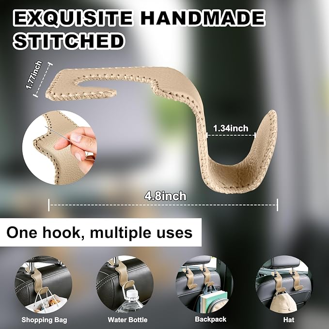 Car Seat Hooks for Purses and Bags, 2 Pack Car Purse Holder for Grocery Bag Handbag Clothes, Metal Headrest Hooks Covered by Leather, Beige - Image 4