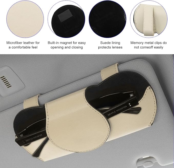 Ohleats Sunglasses Holder for Car Visor, Magnetic Leather Automotive Glasses Case, Vehicle Sun Visor Eyeglasses Holder Protective Storage Box, Universal Interior Car Accessories (Beige) - Image 5