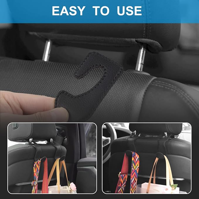EldHus Seat Hooks for Purses and Bags, 4 Pack Car Purse Holder for Grocery Bag Handbag Clothes, Metal Headrest Hooks Covered by Leather, Black - Image 4
