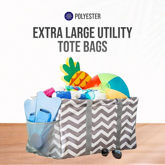 Extra Large Utility Tote Bag - Oversized Collapsible Reusable Wire Frame Rectangular Canvas Basket With Two Exterior Pockets For Beach, Pool, Laundry, Car Trunk, Storage - Chevron Gray - Image 7