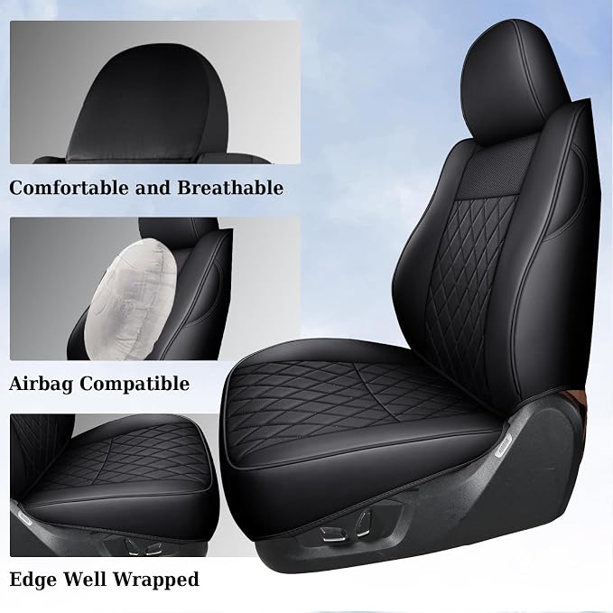Coverado Tacoma Seat Covers, Car Seat Covers Front Seats, Leather Seat Covers for Cars Car Seat Protector Cushion Tacoma Accessories Custom Fit 2005-2023 Toyota Tacoma Double/Crew Cab(Black) - Image 6