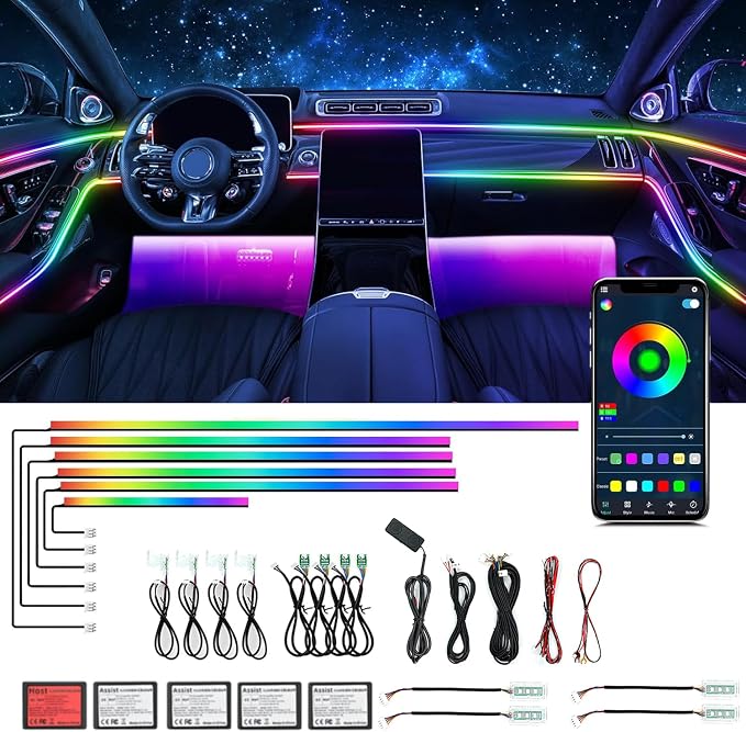 Dream Color Acrylic Interior Car Ambient Light Kit, Bphuny 22 in 1 593 LEDs Fiber Optic Multiple Modes Decoration Atmosphere Lights with Music Dynamic Rainbow Rhythm, RGB Neon Lights for All Cars by Bphuny