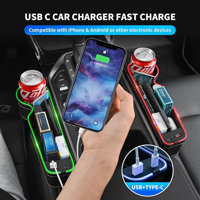 7 Color Led Car Seat Gap Organizer with Type C USB Charging 2 Pack | 56W Cigarette Lighter Adapter,Center Console Seat Gap Filler with Cup Holder,Front Seat Organizer Atmosphere Lamp (Black) - Image 2