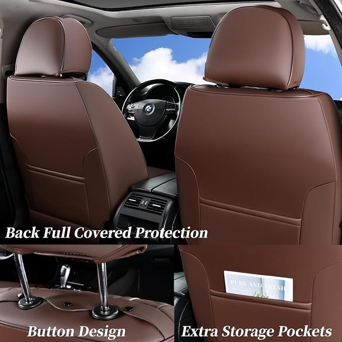 Coverado Car Seat Covers for Front Seat, Leather Seat Covers for Cars, Front Seat Covers, Waterproof Car Seat Protectors Car Seat Cushions Universal for Most Vehicles, Coffee - Image 3