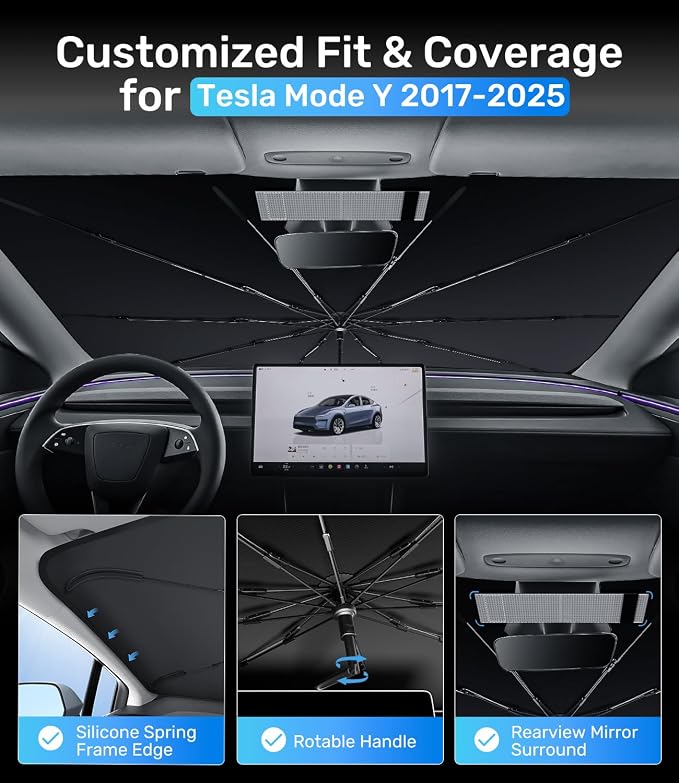 Zanch Upgrade Windshield Sun Shade, Custom Fit for Tesla Mode Y 2017-2026 [Titanium-Silver Reflective Coating] Blocks 99% UV & Heat, Sunshade Umbrella for Model Y 2017 ... 2024 2025 2026 - Image 5