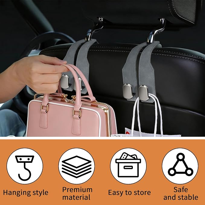 2 Pack Car Seat Headrest Hooks for Purses and Bags, Car Purse Holder With Double Metal Hooks, Headrest Back Seat Handbags Hook, Universal Car Purse Hanger, Cute Car Hanging Accessories, Grey - Image 6