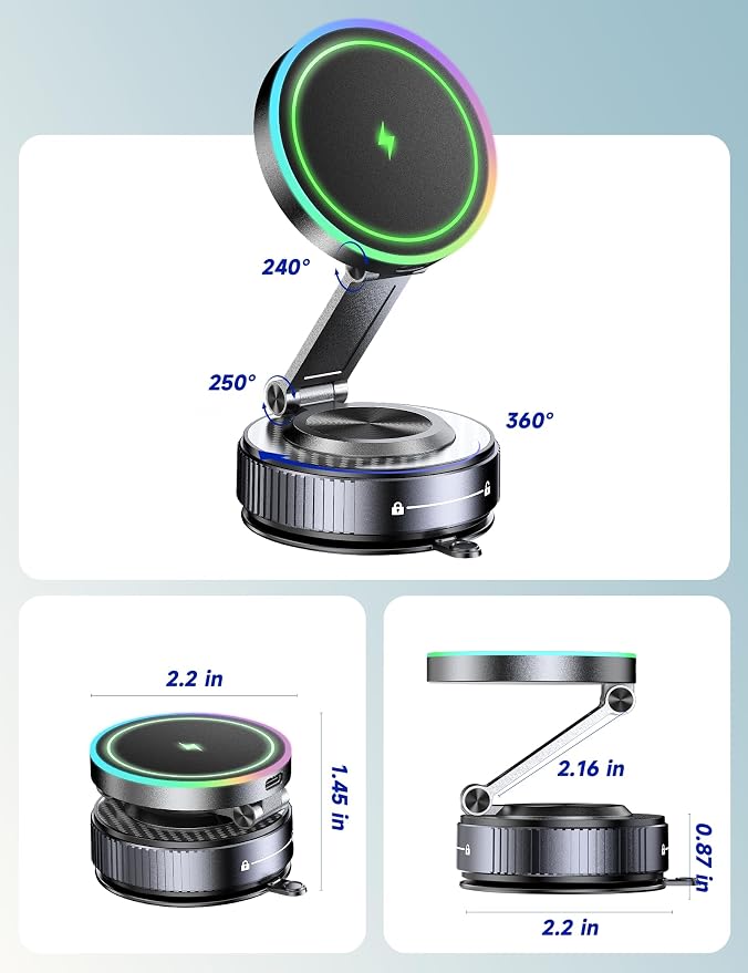 15W Magsafe Car Mount Charger, Faster Charging Wireless Car Charger | [105+LBS Suction & 3800gf Magnetic] Car Phone Holder, 360° Adjustable, Phone Holders for Your Car for iPhone & Android - Image 9