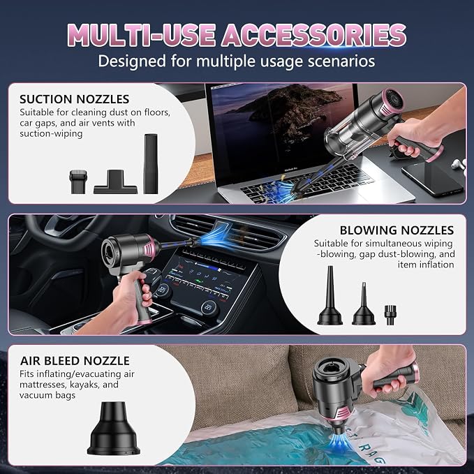 KMM Handheld Car Vacuum Cleaner, Hand Held Car Vacuum & Air Duster | 16000PA Strong Suction, 120W High Power, Cordless, Portable, Rechargeable, Multi-Nozzles & LED Light, For Home, Car, Office - Image 5