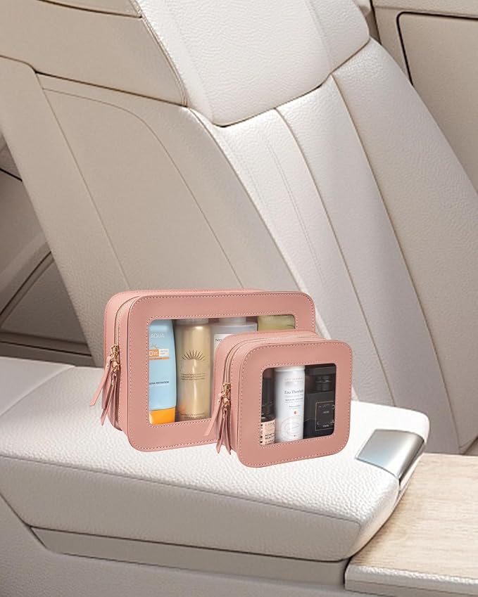 2 Pcs Travel Clear Makeup Bag Set, Clear Makeup Organizer with Zipper Leather Travel Bags for Toiletries Small Cosmetic Bags for Women Mini Make up Pouch Toiletry Bags Car Essentials - Image 6