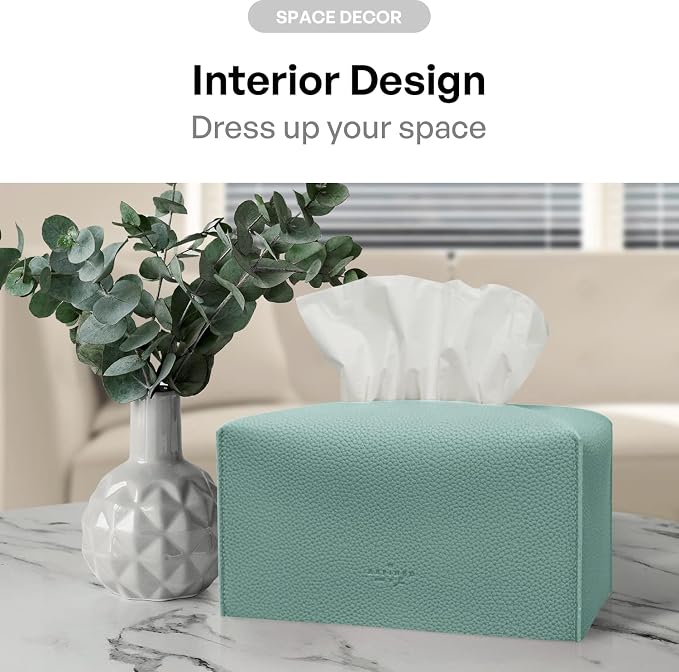 Carrotez Tissue Box Cover, [Refined] Modern PU Leather Rectangular Tissue Box Holder - Decorative Holder/Organizer for Bathroom Vanity Countertop, Night Stands, Office Desk 9.5"X5"X5" - Mint - Image 4