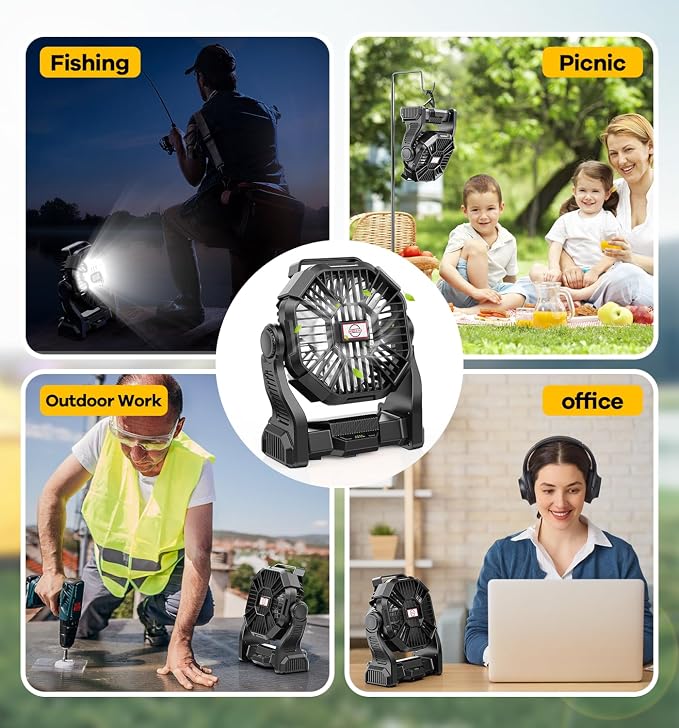 DOWILLDO 30000mAh Portable Battery Powered Camping Fan - with LED Light, Quiet Battery Operated, Camping Gear for Travel, Tent, Beach, Car or Hurricane Power Outages, Black - Image 7