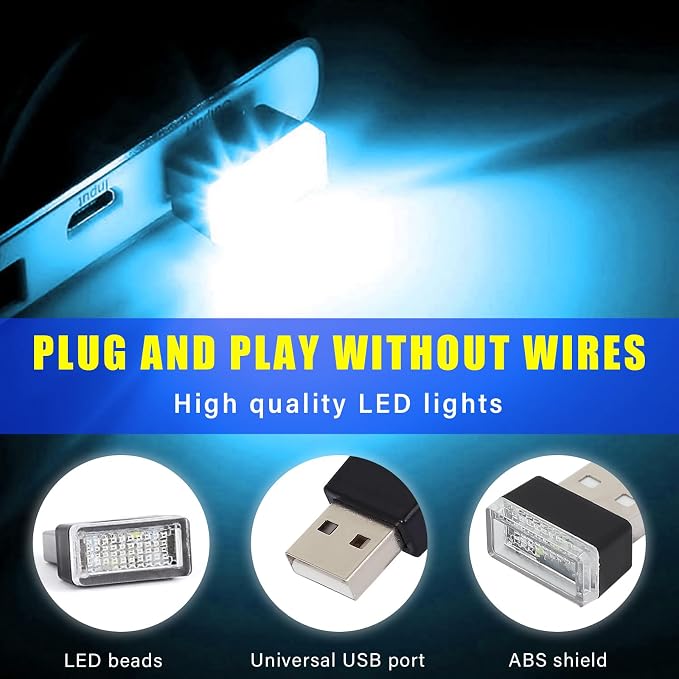 Augeny 4 PCS USB LED Car Interior Atmosphere Lamp, Plug-in USB Decor Night Light, Portable Auto Ambient Lighting Kit, Universal Vehicle Interior Accessories for Most Cars (White+Red+Blue+Ice Blue) - Image 3