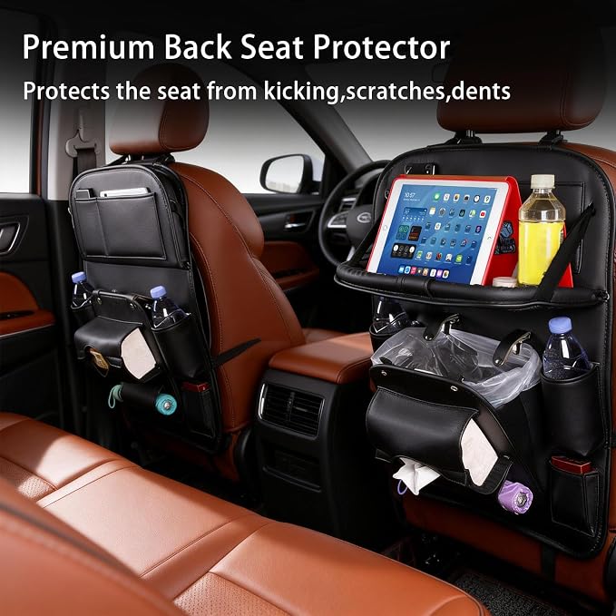 Universal Premium Leather Foldable Car Backseat Organizer with Table Tray, Car Seat Back Protector with Garbage Bag Touch Screen Pad Holder, Car Kick Mats with Tissue Box (Black) - Image 4
