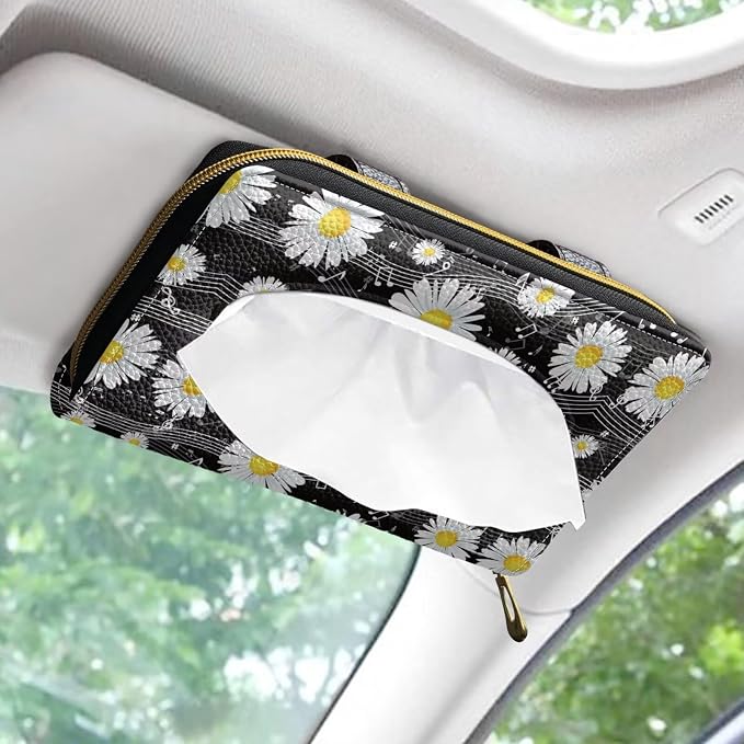 Biyejit Car Tissue Holder, Music Daisy Car Decorative Hanging Napkin Case, PU Leather Tissue Box for Car Sun Visor, Backseat - Image 2