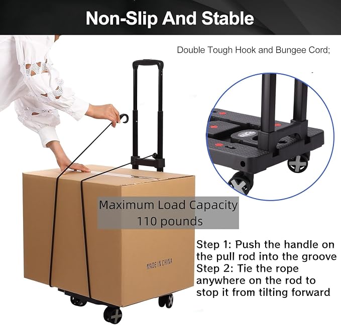 GtIiFmTe Foldable Hand Truck, Lightweight Luggage Cart for Airport Car Seat | Compact Folding dolly with Rotating swivel wheel,storage size12×15.7×4.1",300lbs Load,Upright Lock Handle with 3bungee cords - Image 4
