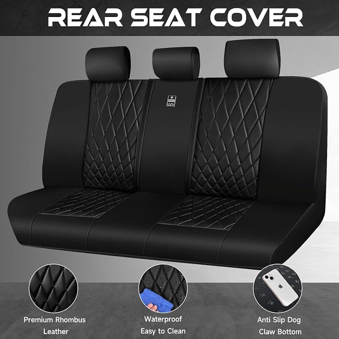 CAR PASS Luxury Faux Leather Rear Bench Car Seat Covers, Waterproof Anti Slip Back Seat Covers, Deluxe Automotive Backseat Cover Universal Fit for Most Cars Sedan SUV Pickup Truck (All Black) - Image 2