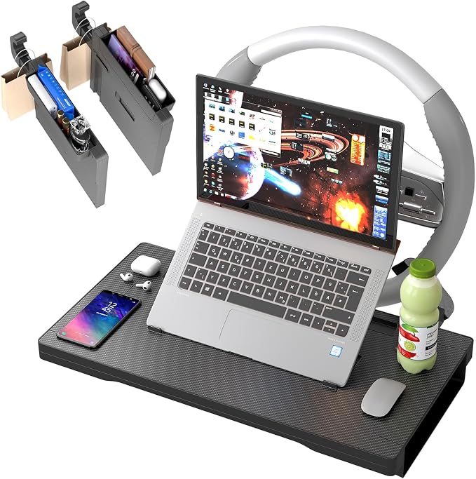 2-in-1 Car Steering Wheel Desk Tray,Adjustable Car Table for Laptop | Car Food Tray for Standard Round Steering Wheels,Car Seat Gap Filling Organizer,Foldable Carbon Fiber Look Table for Working by HEAUIK