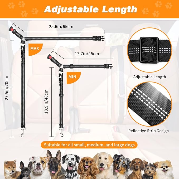 BWOGUE 2 Pack Dog Seat Belt for Car, Elastic Bungee Buffer Safety Leads | Headrest Loop for Car Travel, 18-30 in Adjustable, Headrest Restraint, Metal Buckle, Use with Dog Harness, Small-Large Dogs - Image 2