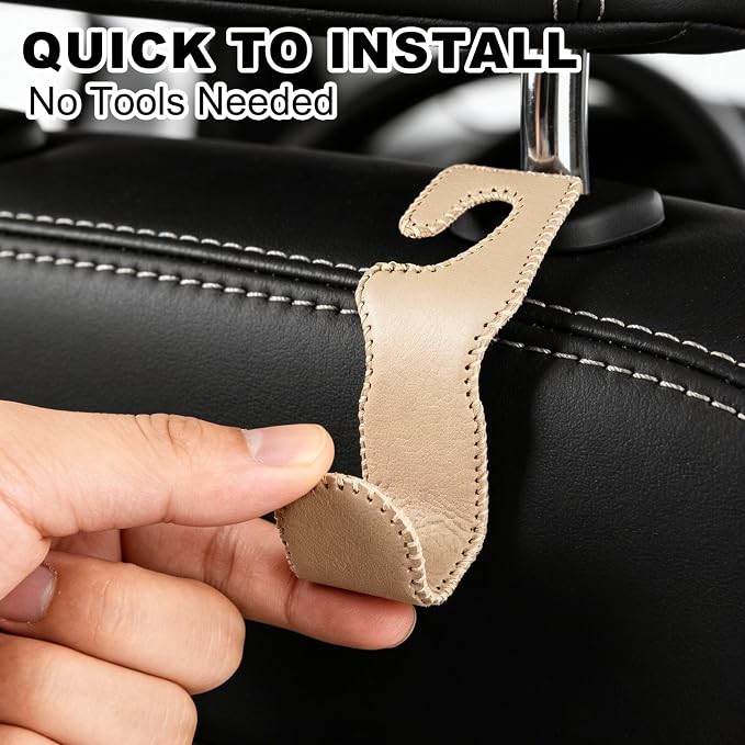 Car Seat Hooks for Purses and Bags, 2 Pack Car Purse Holder for Grocery Bag Handbag Clothes, Metal Headrest Hooks Covered by Leather, Beige - Image 6
