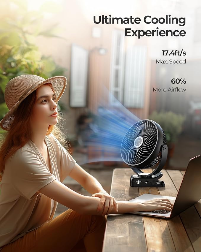 Koonie 8'' 10000mAh Portable Clip on Fan with LED Lantern and Hook | Battery Operated Desk Fan, Quiet Camping Fan with LED Digital Display, 360° Rotation & 3 Speeds for Travel Tent Gym Treadmill - Image 2